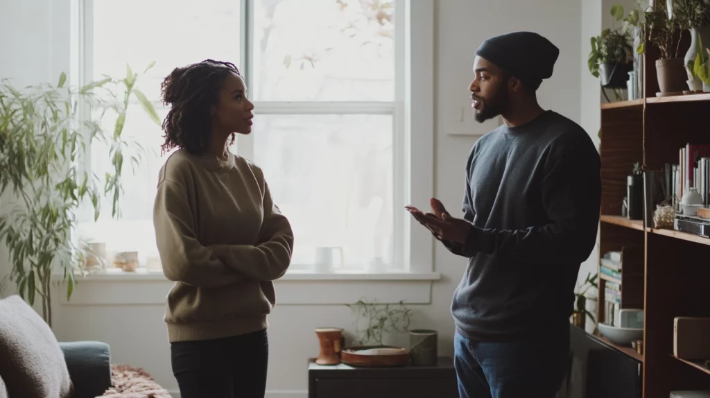 lady talking with her husband but hes yelling at her